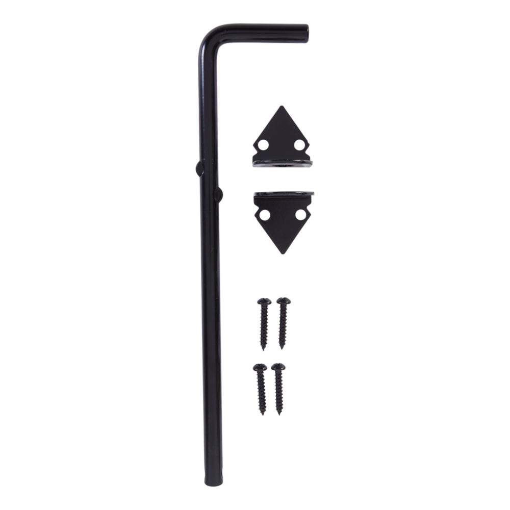 Black steel cane bolt with mounting brackets and screws for securing doors and gates in home improvement projects