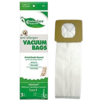 Three-pack of white anti-allergen vacuum bags designed for pet owners and home cleaning tasks