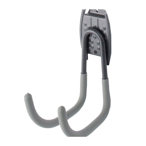 Gray heavy-duty double hook designed for versatile garage storage and organization solutions