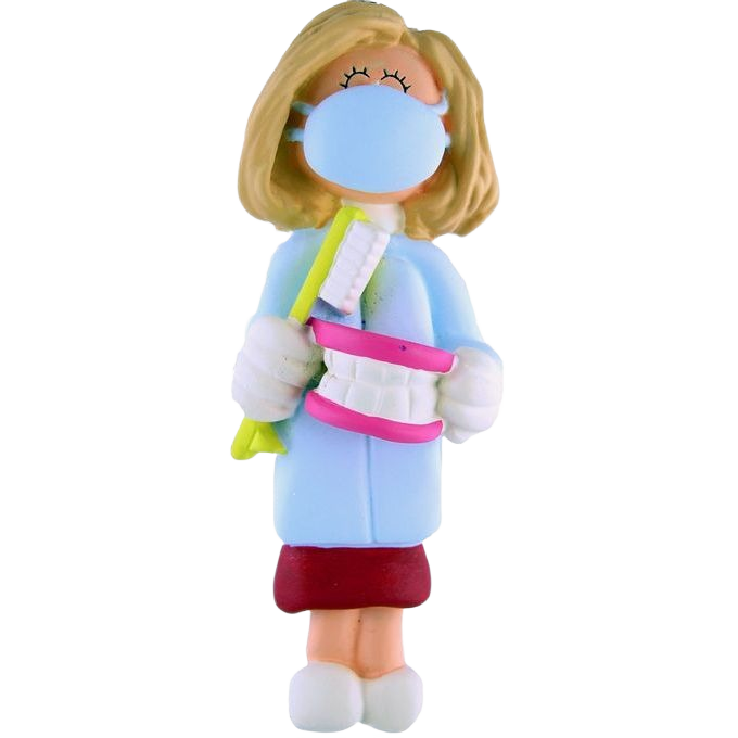 Blonde female dental hygienist ornament in blue uniform holding oversized teeth and toothbrush for Christmas décor under $50