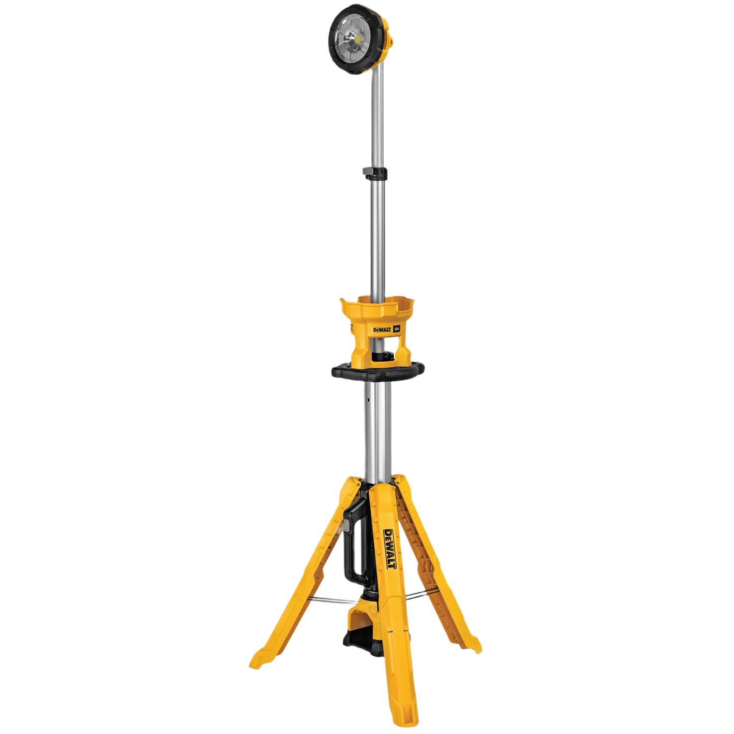 Yellow and black cordless tripod work light with telescoping pole for tool accessories and home improvement use