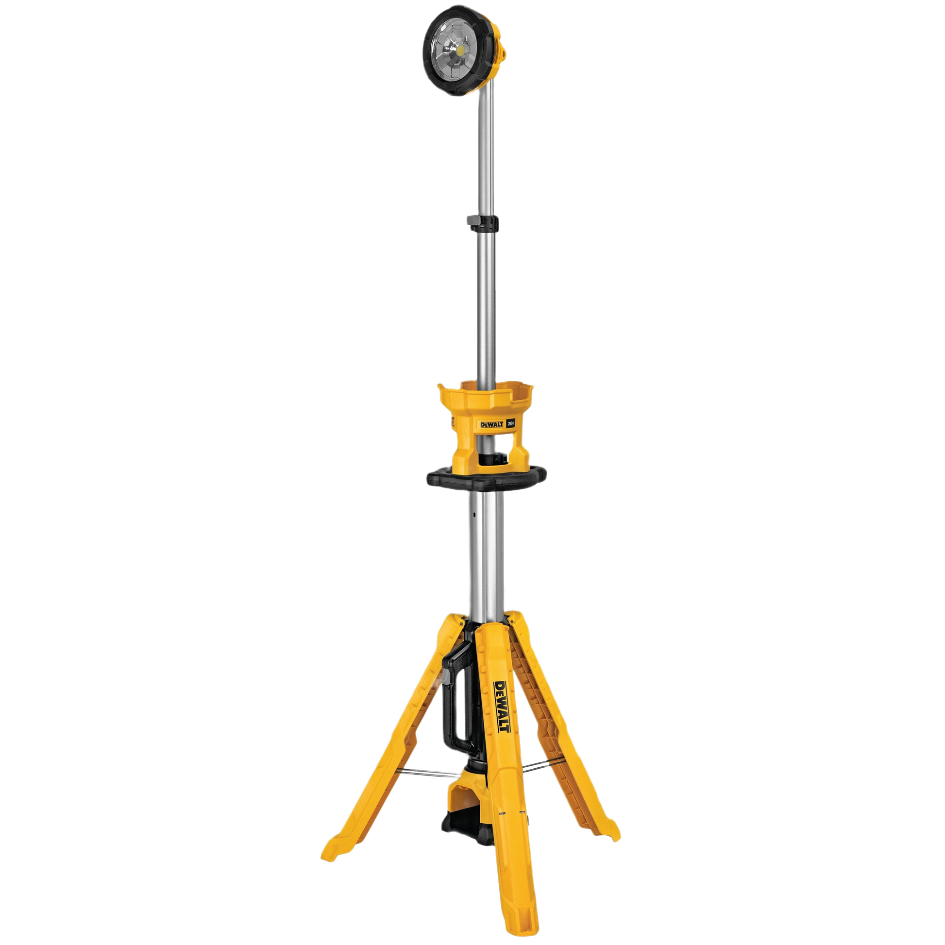 Yellow and black cordless tripod work light with telescoping pole for tool accessories and home improvement use