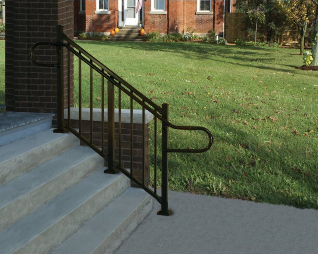 Black collar ring installed on steel aluminum handrail for improved safety and accessibility in home exterior steps