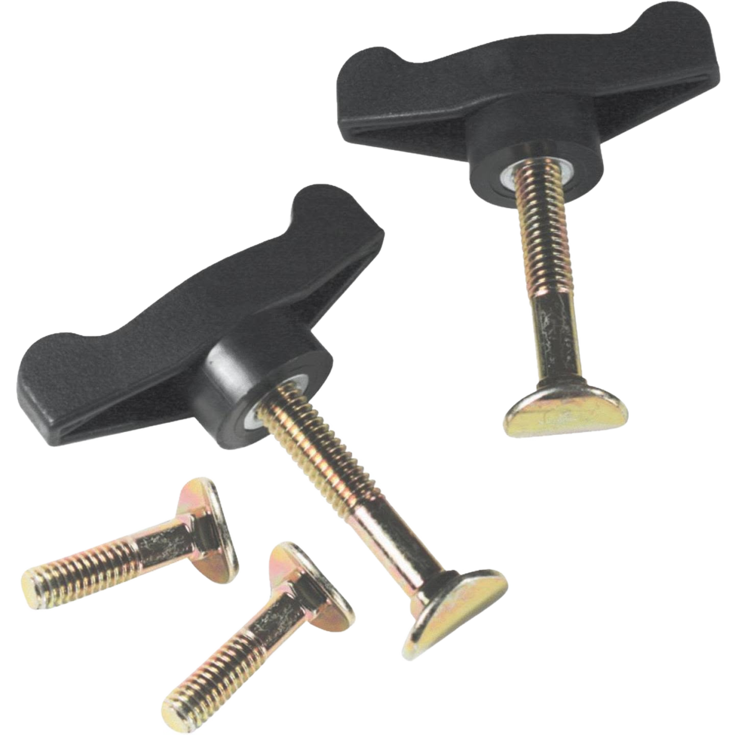 Two black replacement T-handles with threaded brass-plated screws for lawnmower parts under $50 in home improvement tools