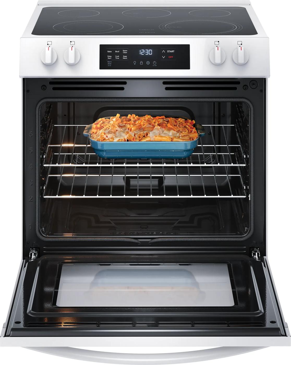 White front control electric range with open oven containing a baked pasta dish from Ranges & Kitchen & Kitchenware collections