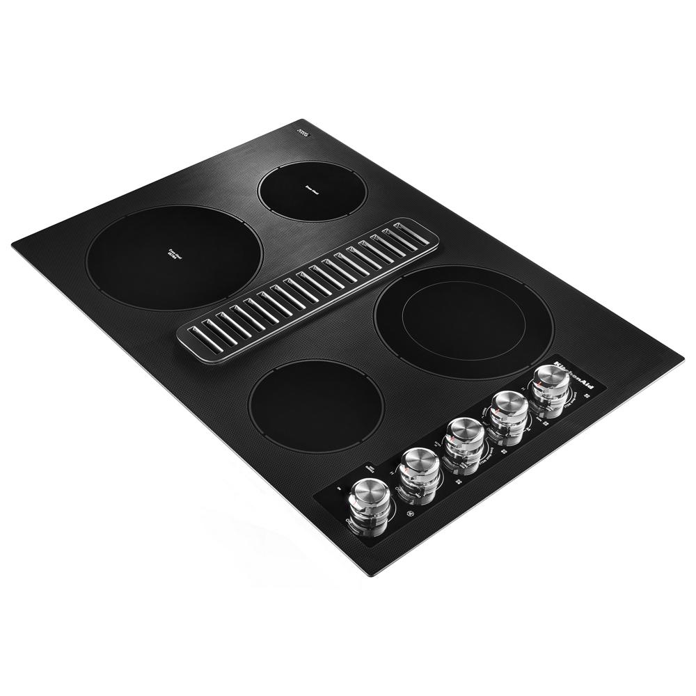 30-inch black electric cooktop with four heating elements, integrated downdraft vent, and stainless steel control knobs in Appliances collection