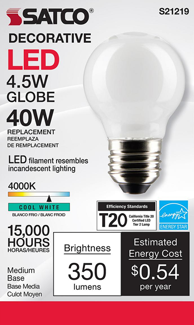 Decorative 4.5W LED globe bulb with cool white 4000K light, medium base, and energy-efficient T20 rating