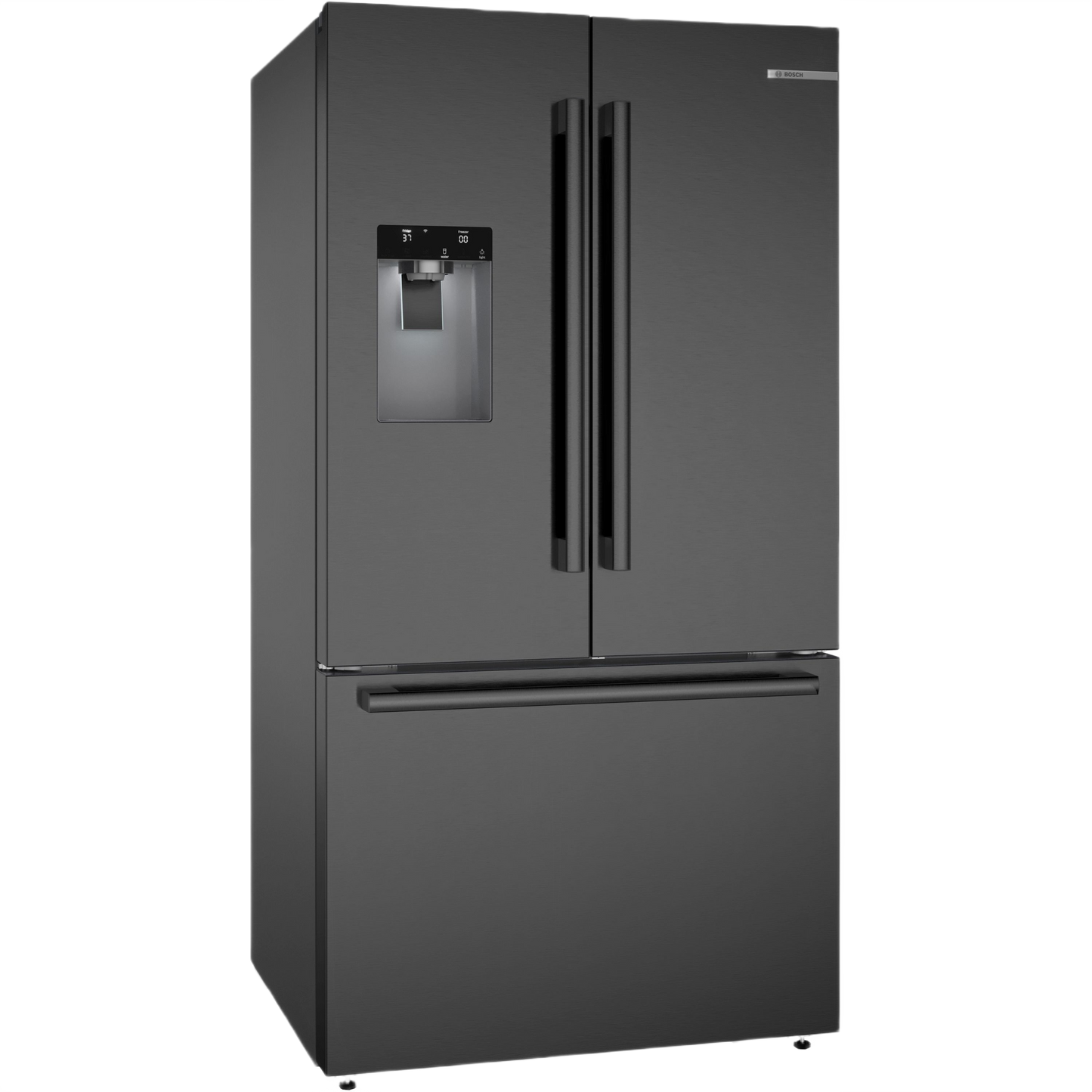 French door refrigerator in black stainless steel with bottom freezer and external water dispenser in kitchen appliances collection