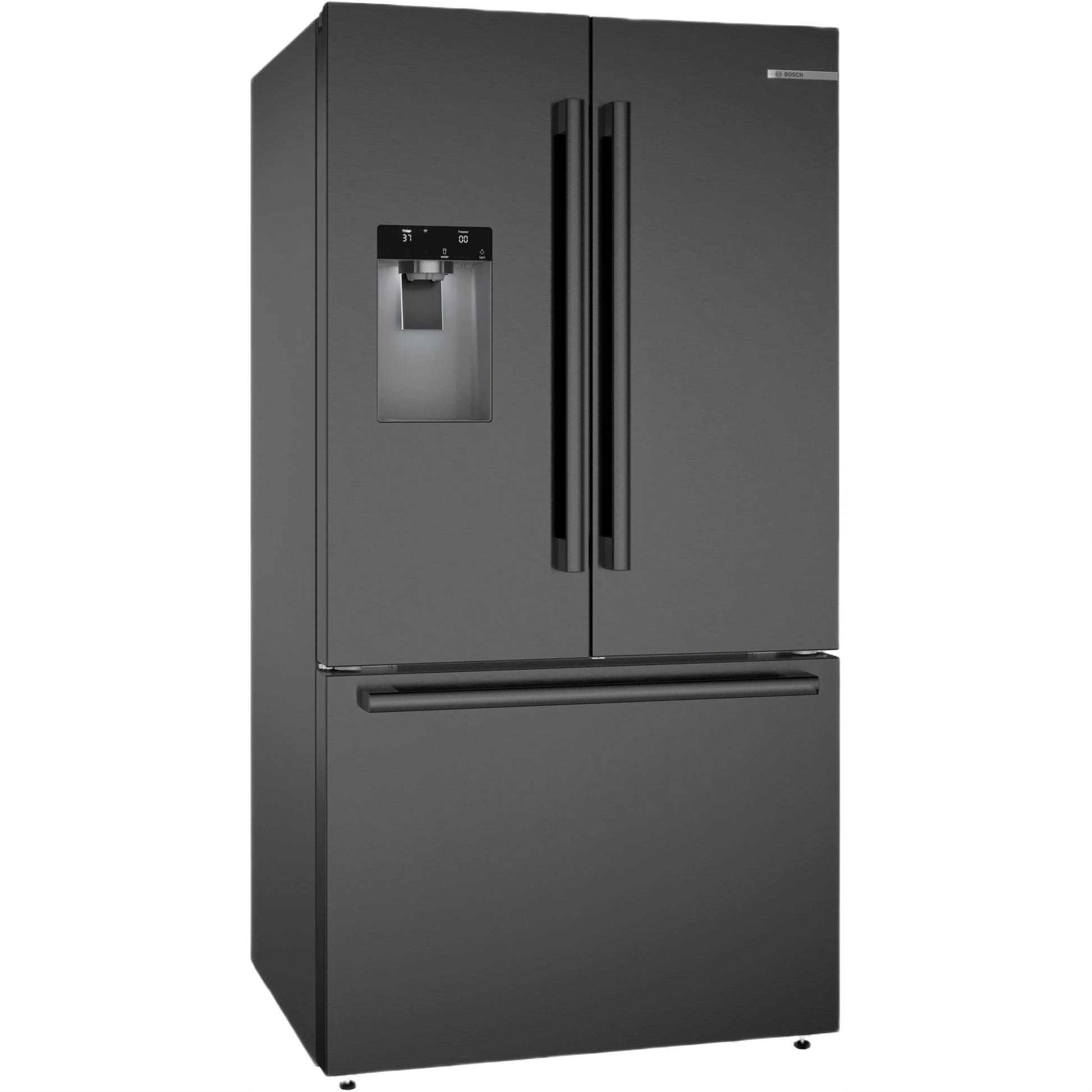 French door refrigerator in black stainless steel with bottom freezer and external water dispenser in kitchen appliances collection