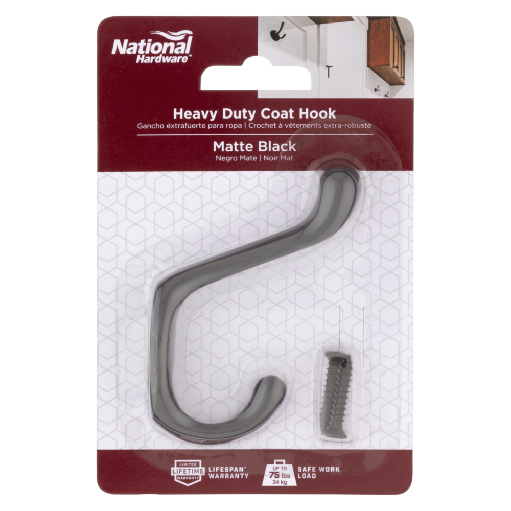 Matte black heavy duty single coat hook with mounting screws in door and window accessories under $50 collections
