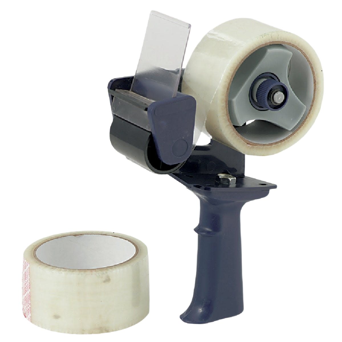 Handheld tape dispenser with two rolls of clear carton sealing tape for packaging in tools and home improvement collections