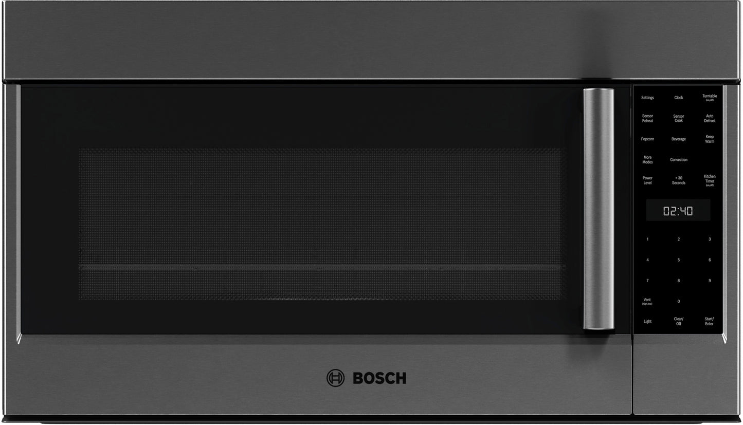 Front view of black stainless steel over-the-range microwave with digital touch controls in kitchen appliances collection