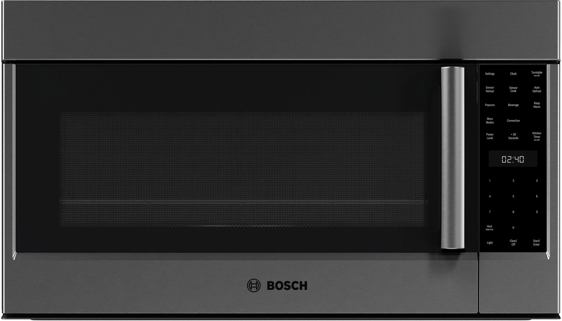 Front view of black stainless steel over-the-range microwave with digital touch controls in kitchen appliances collection