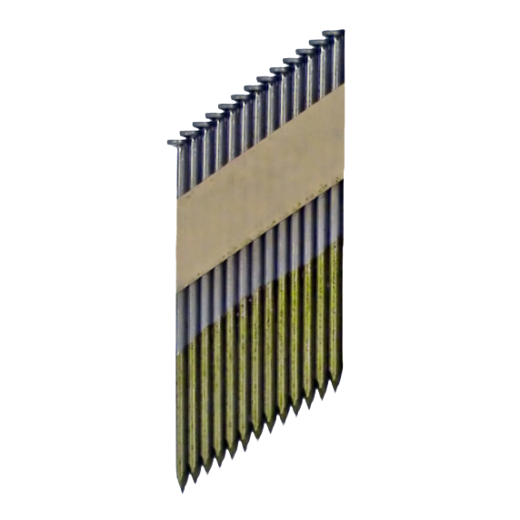 Strip of 2-3/8 inch framing nails with bright paper tape, suited for fasteners and home improvement projects