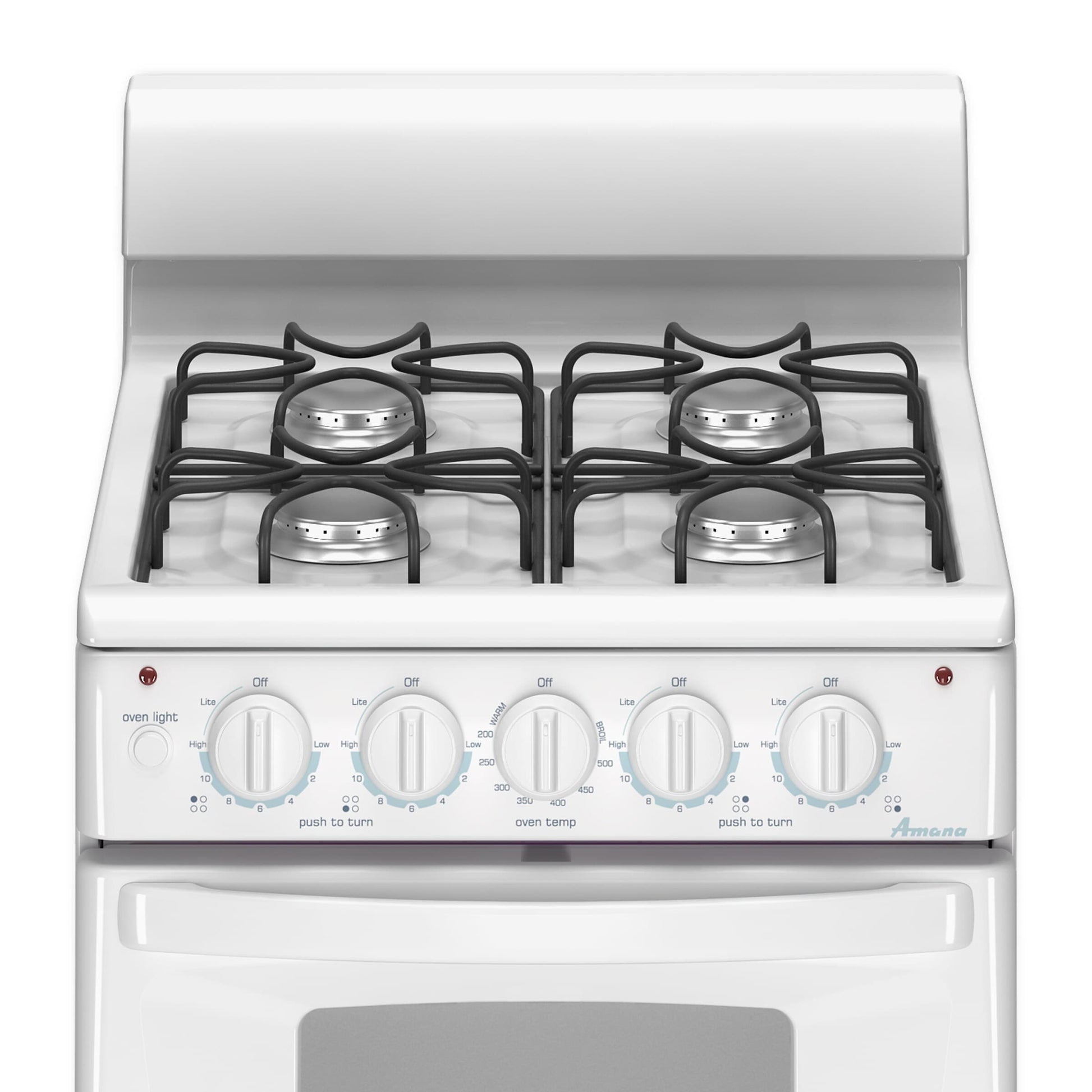 White 20-inch gas range with four burners, control knobs, and compact oven from Ranges & Cooktops collection