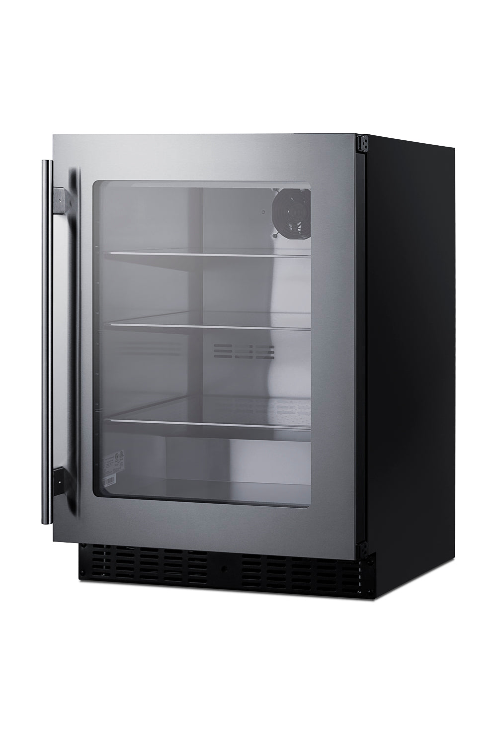 Compact built-in beverage center with stainless steel frame, glass door, three shelves, and black vent grille below