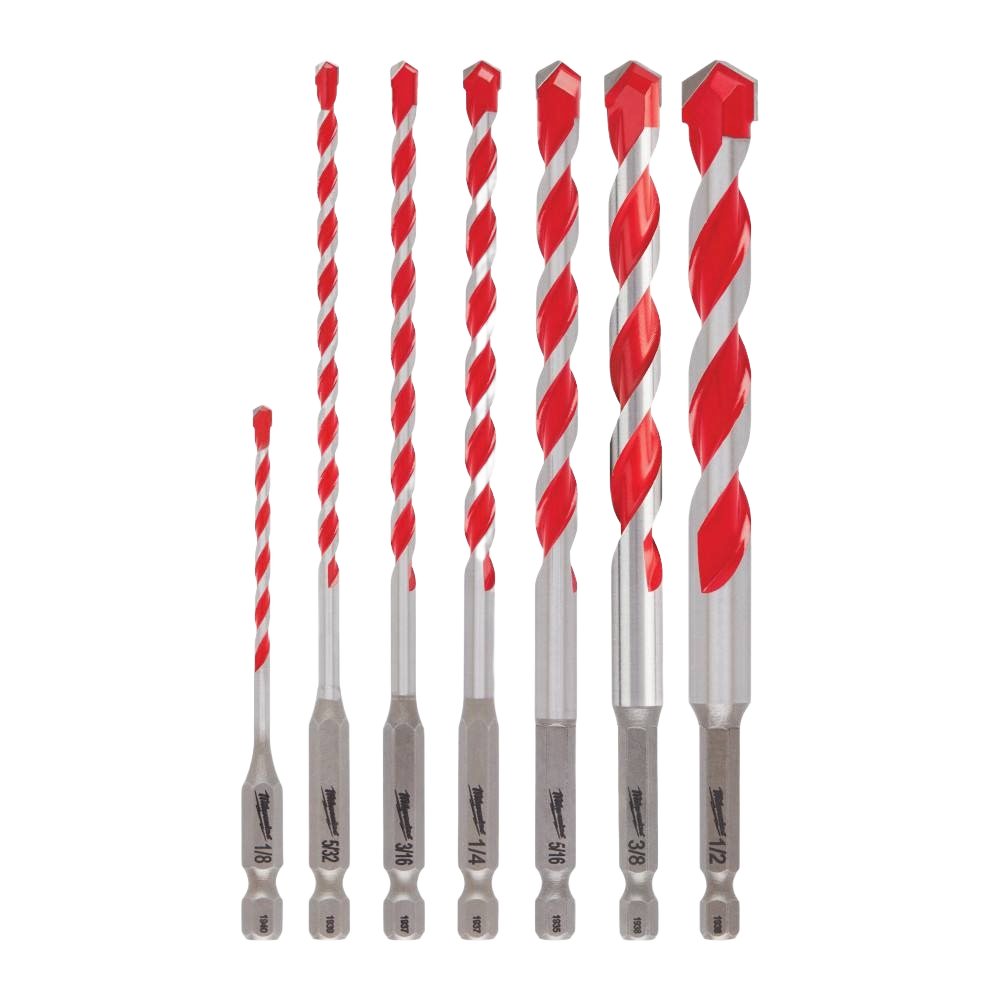 Set of seven red and silver carbide-tipped hammer drill bits for concrete drilling in power tool accessories and drill bits collections
