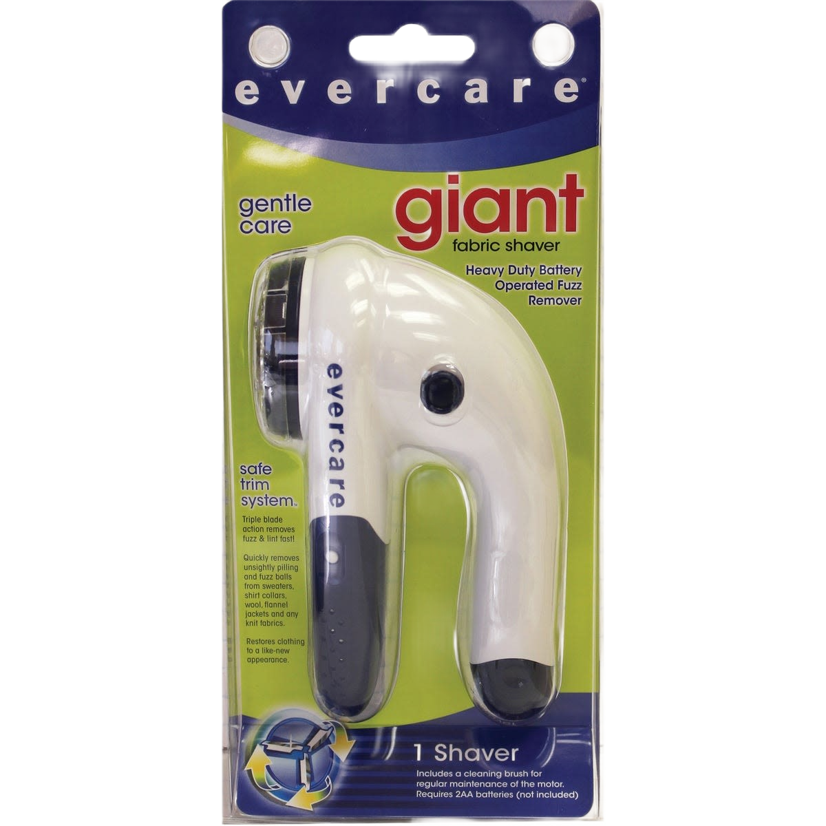 Battery-operated fabric shaver with triple blade action for removing fuzz from sweaters and knitwear in floor cleaning products.