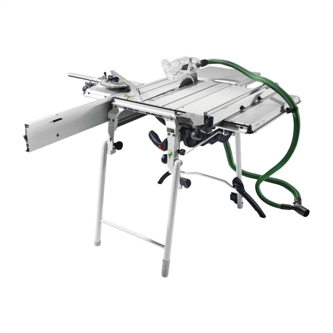 Portable table saw with adjustable fence and dust extraction hose for woodworking tool accessories and home improvement tasks