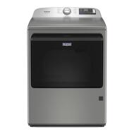 Front view of silver top load gas dryer with digital controls and large tinted door in appliance collection