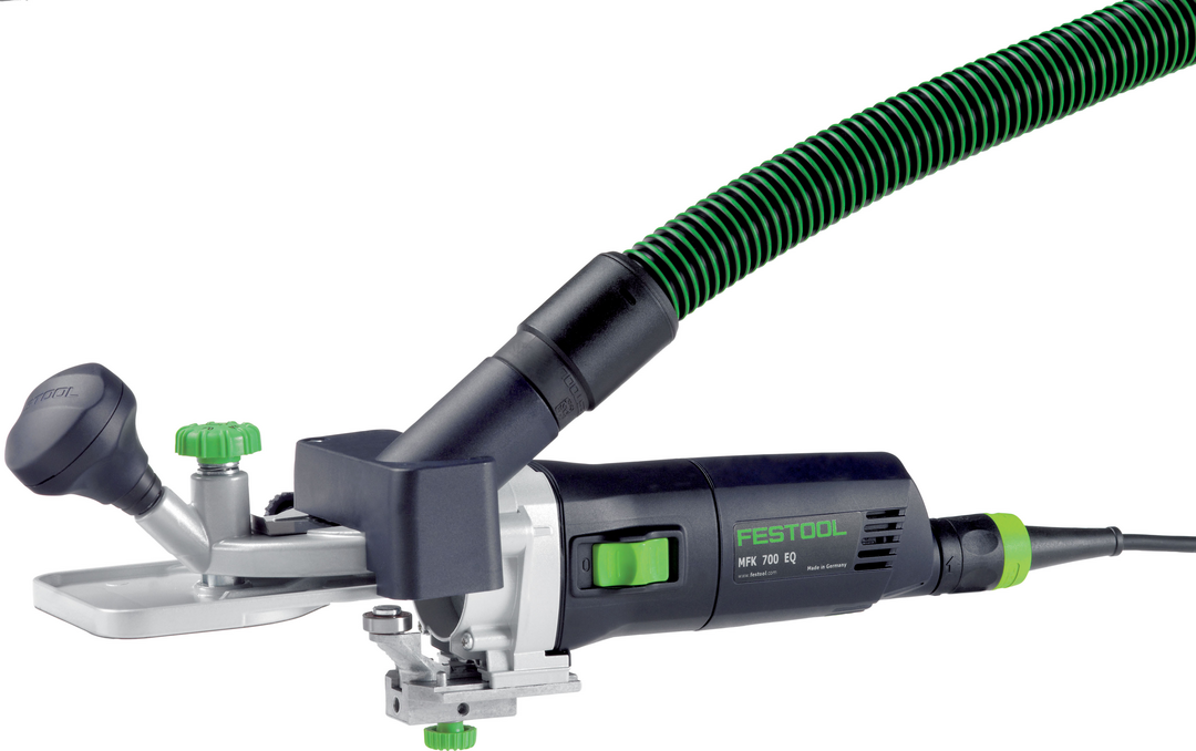 Festool MFK 700 EQ trim router with dust extraction hose and adjustable guide for woodworking and home improvement tasks