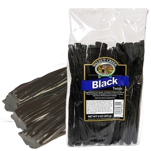 Clear bag of black licorice twists with label, part of Chocolates & Candies and Under $50 collections