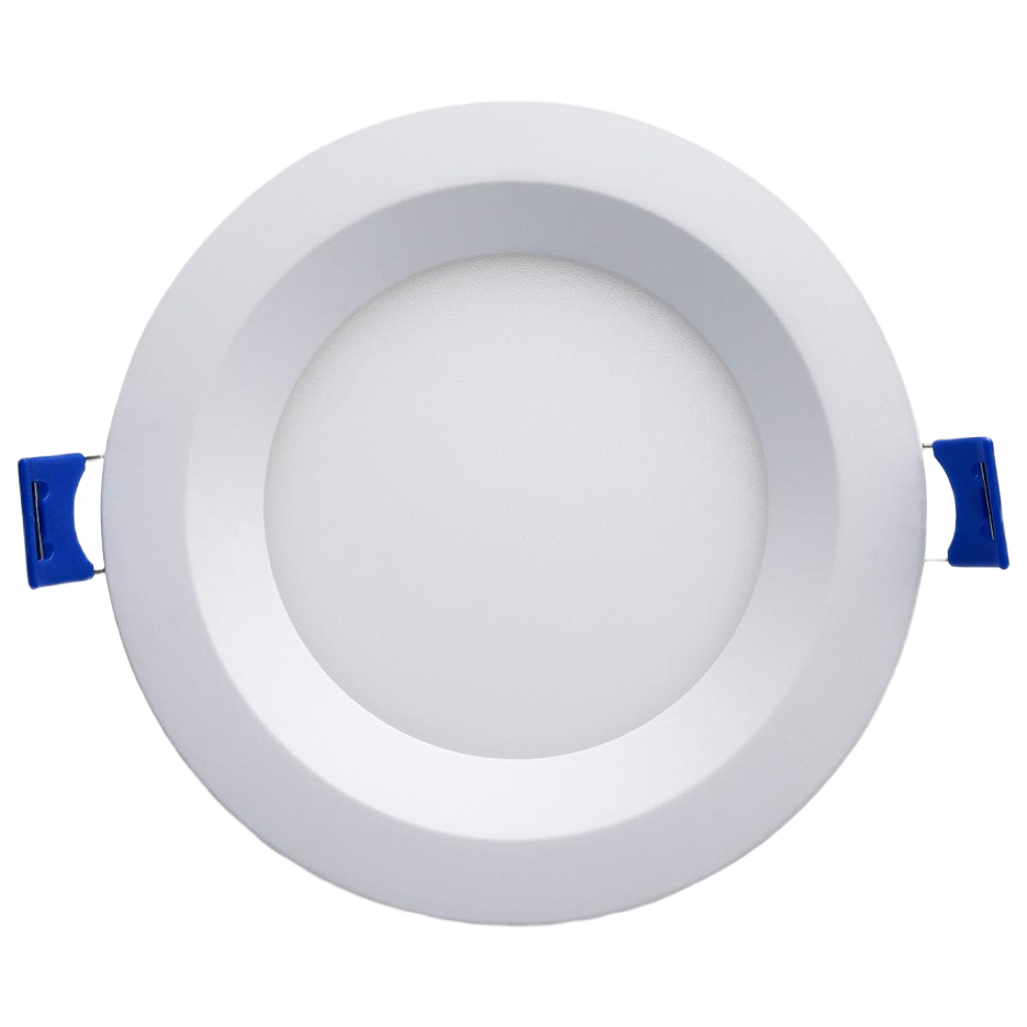 White round LED low profile recessed downlight with baffle and mounting clips for home improvement lighting projects