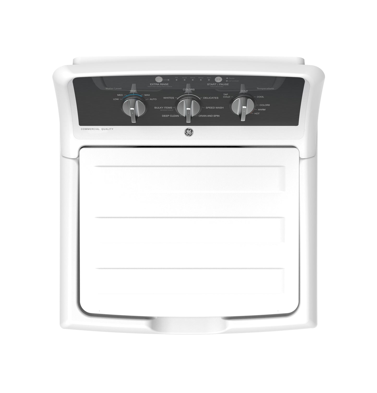Top view of white top load washer with control panel and dials from top load washers and appliances collection