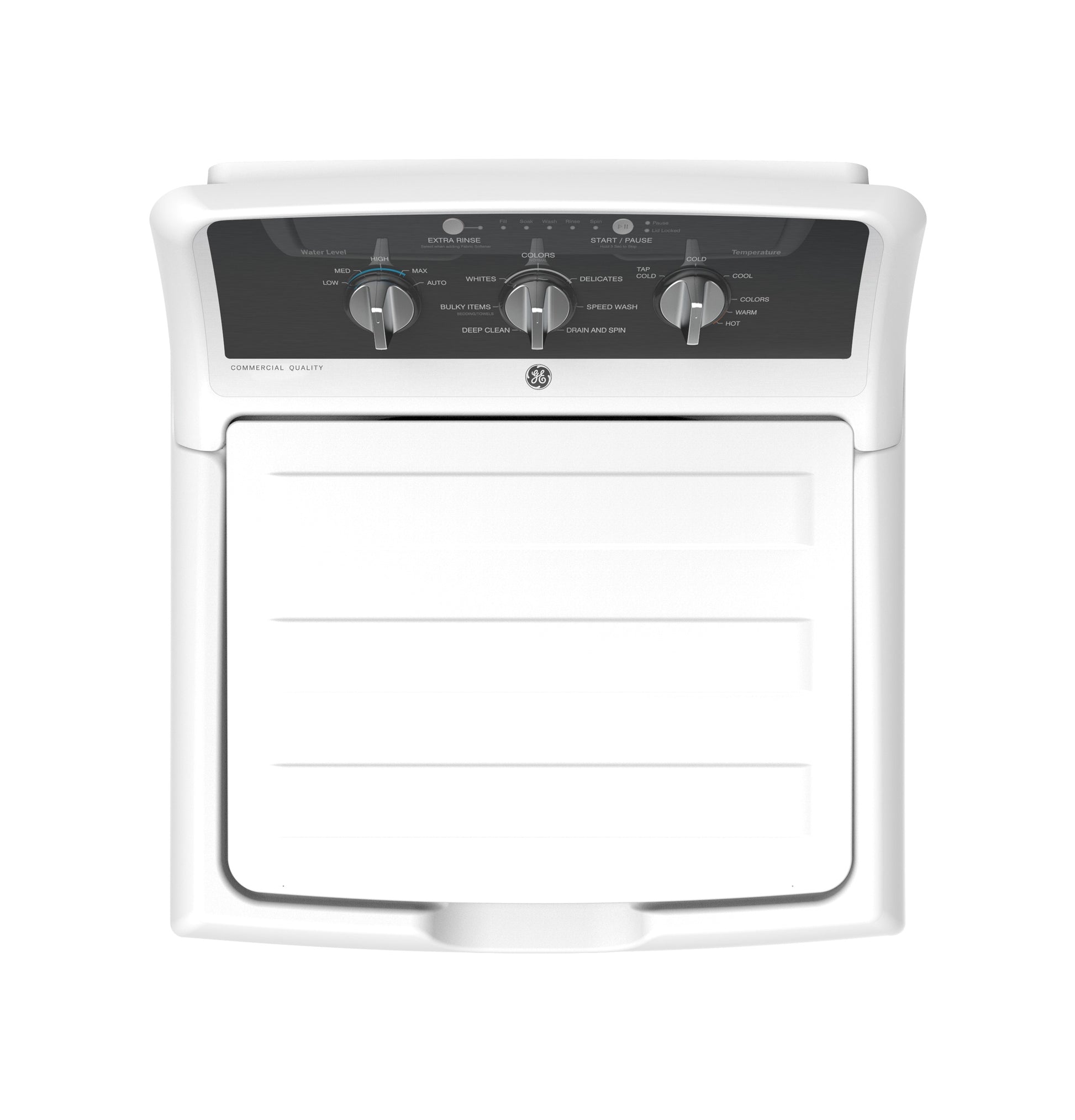 Top view of white top load washer with control panel and dials from top load washers and appliances collection
