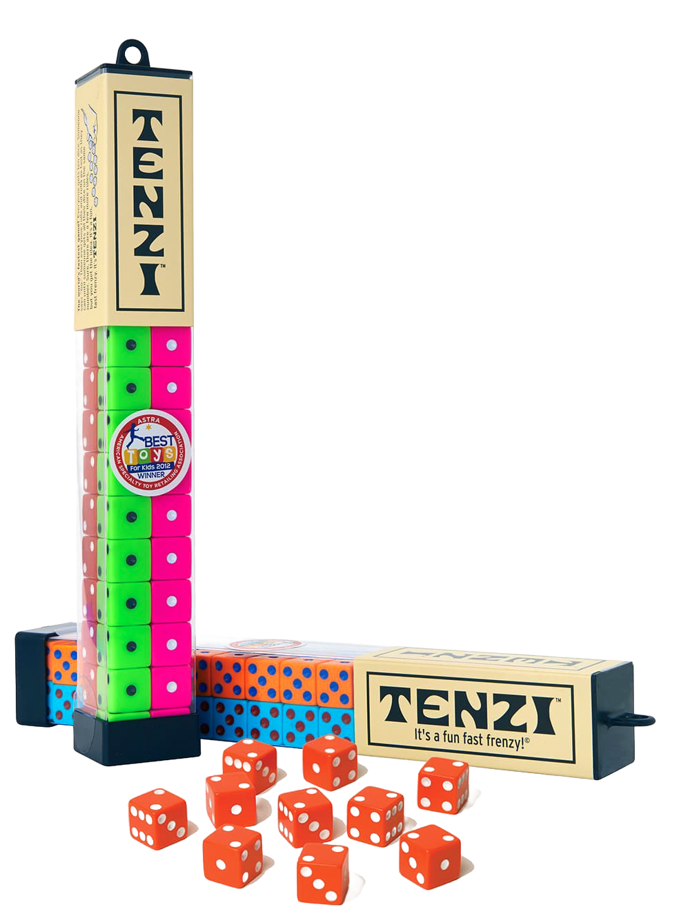 Tenzi dice game with bright orange, green, pink, and blue dice in collectible packaging from Toys & Games under $50 collection