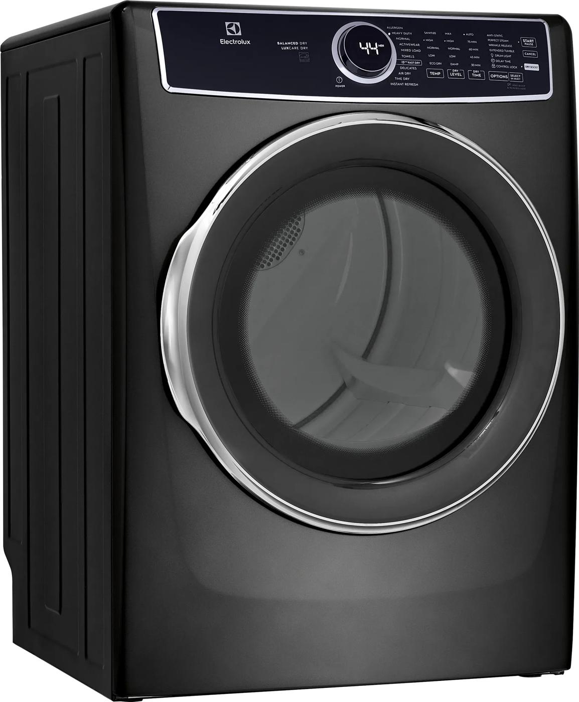 Sleek black front load electric dryer with large round glass door and digital display panel from Dryers collection