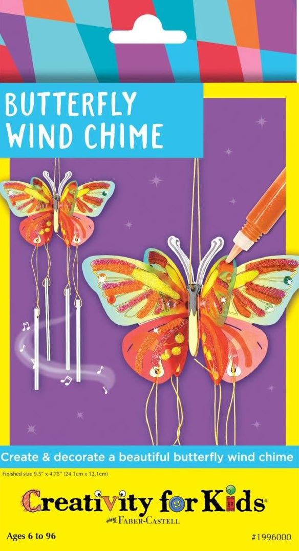 Colorful butterfly-shaped wind chime craft kit with metal chimes and decorating marker for creative kids activities
