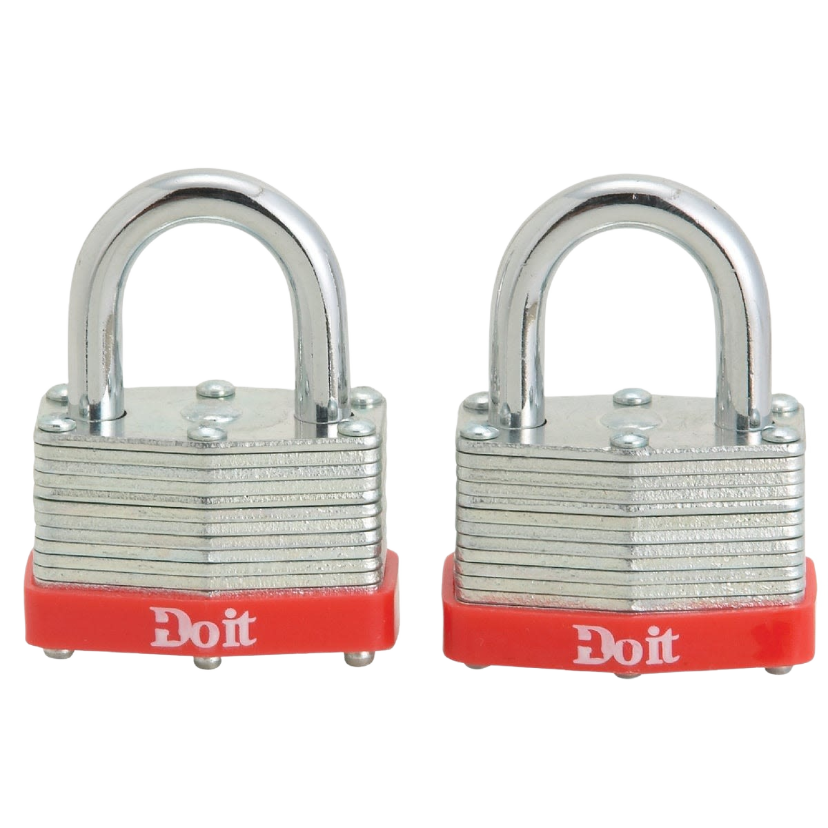 Two steel keyed padlocks with red plastic bottom guards for securing tools and home improvement projects