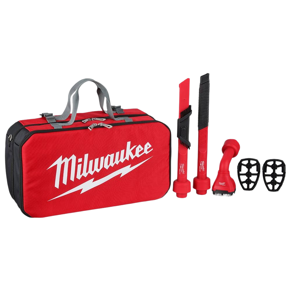 Red and black Milwaukee automotive vacuum tool kit with three attachments and a branded storage bag for tools and home improvement