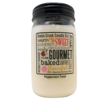 White jar candle with black lid featuring gourmet-themed typography labeled Peppermint Twist scent from Swan Creek Candle Co.