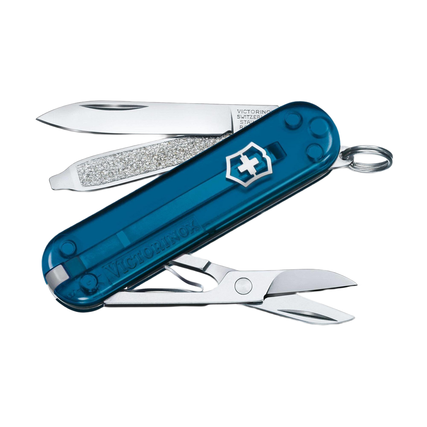 Compact blue translucent pocket knife with blade, nail file, and scissors for everyday home improvement tasks