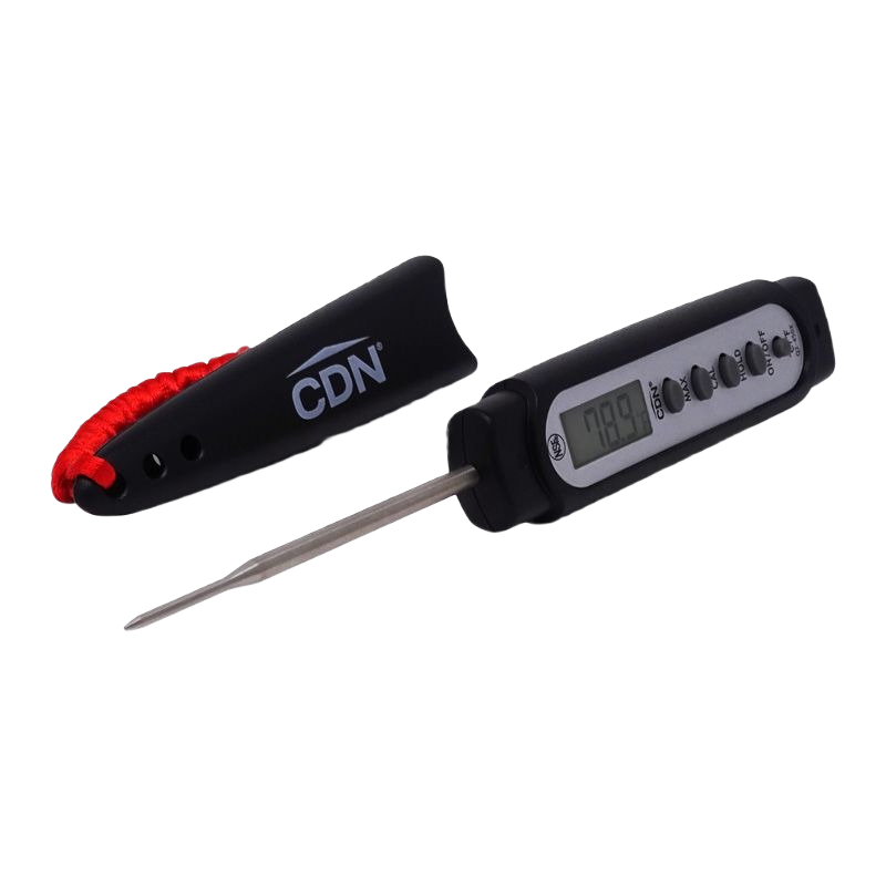 Digital kitchen thermometer with thin metal probe and protective black sheath for precise cooking temperature readings