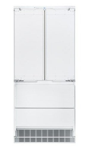 Built-in white French door refrigerator/freezer with bottom freezer drawers for kitchen appliances and refrigeration collections