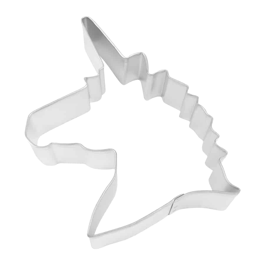 Metal cookie cutter shaped like a unicorn head measuring 4.25 inches for baking and home use projects