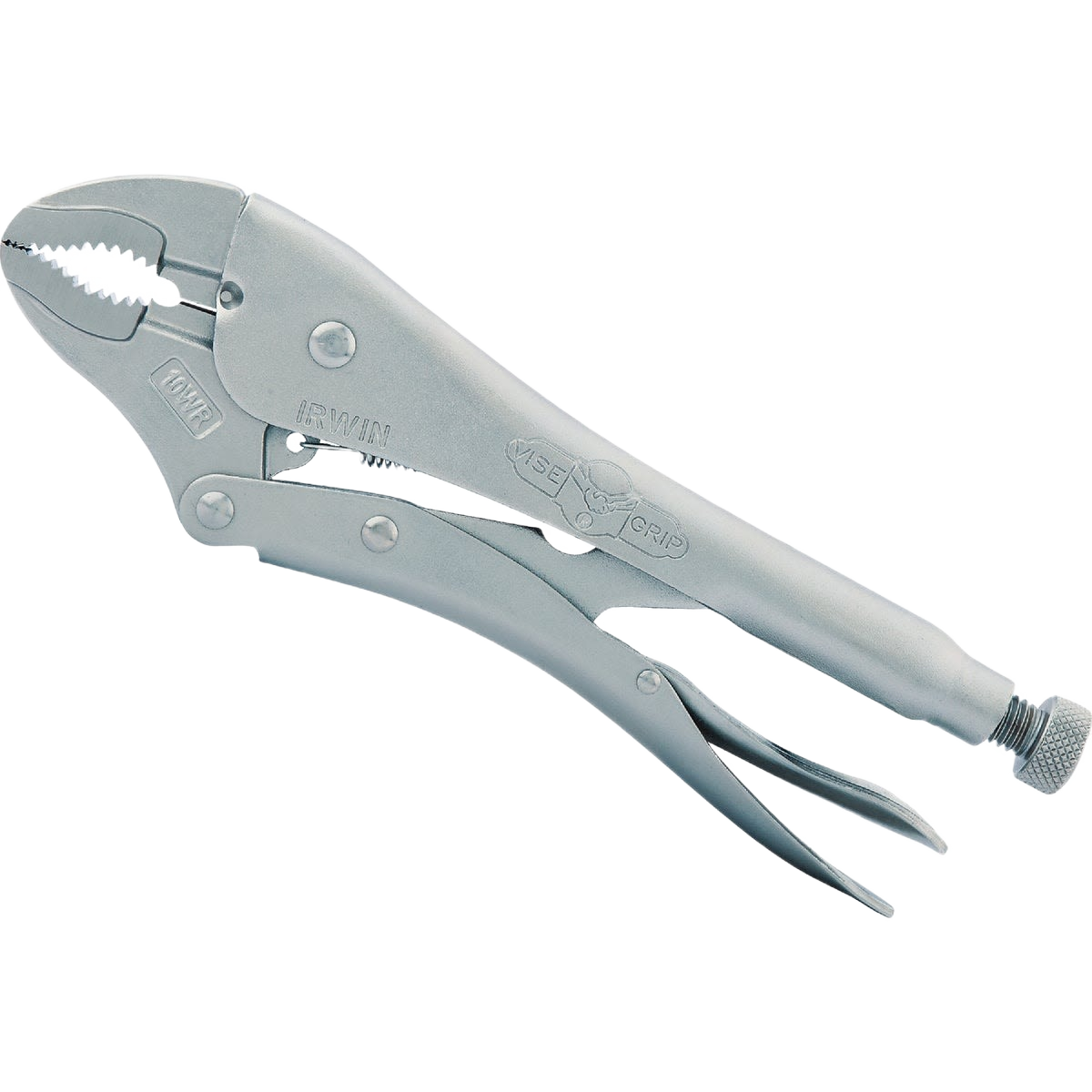 Silver curved jaw locking pliers with adjustable screw for gripping in tools and home improvement tasks