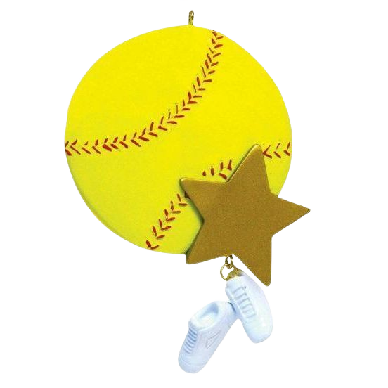 Bright yellow softball ornament with red stitching, gold star accent, and hanging white cleats for Christmas tree decor under $50 collection