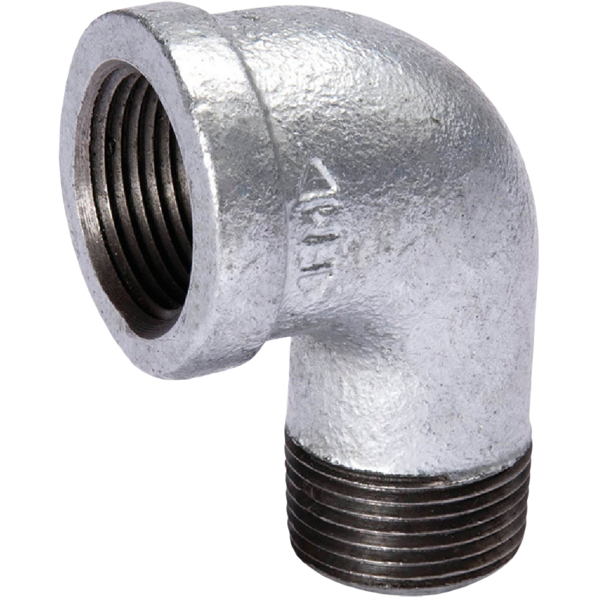 Galvanized malleable iron 90-degree pipe elbow with threaded ends for plumbing and irrigation fittings under $50.