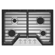 Black 30-inch gas cooktop with four burners, EZ-2-Lift hinged cast-iron grates, and front control knobs from Cooktops collection