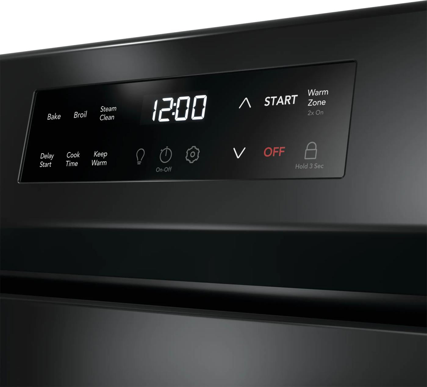 Close-up of black digital control panel with touch buttons and LED display on electric range in kitchen appliances collection