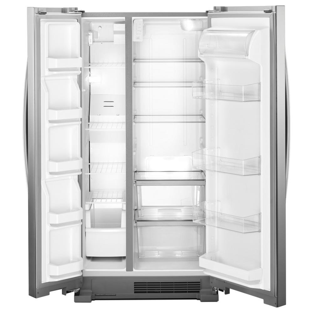 33-inch side-by-side refrigerator with adjustable shelves and door bins in kitchen and appliance collections
