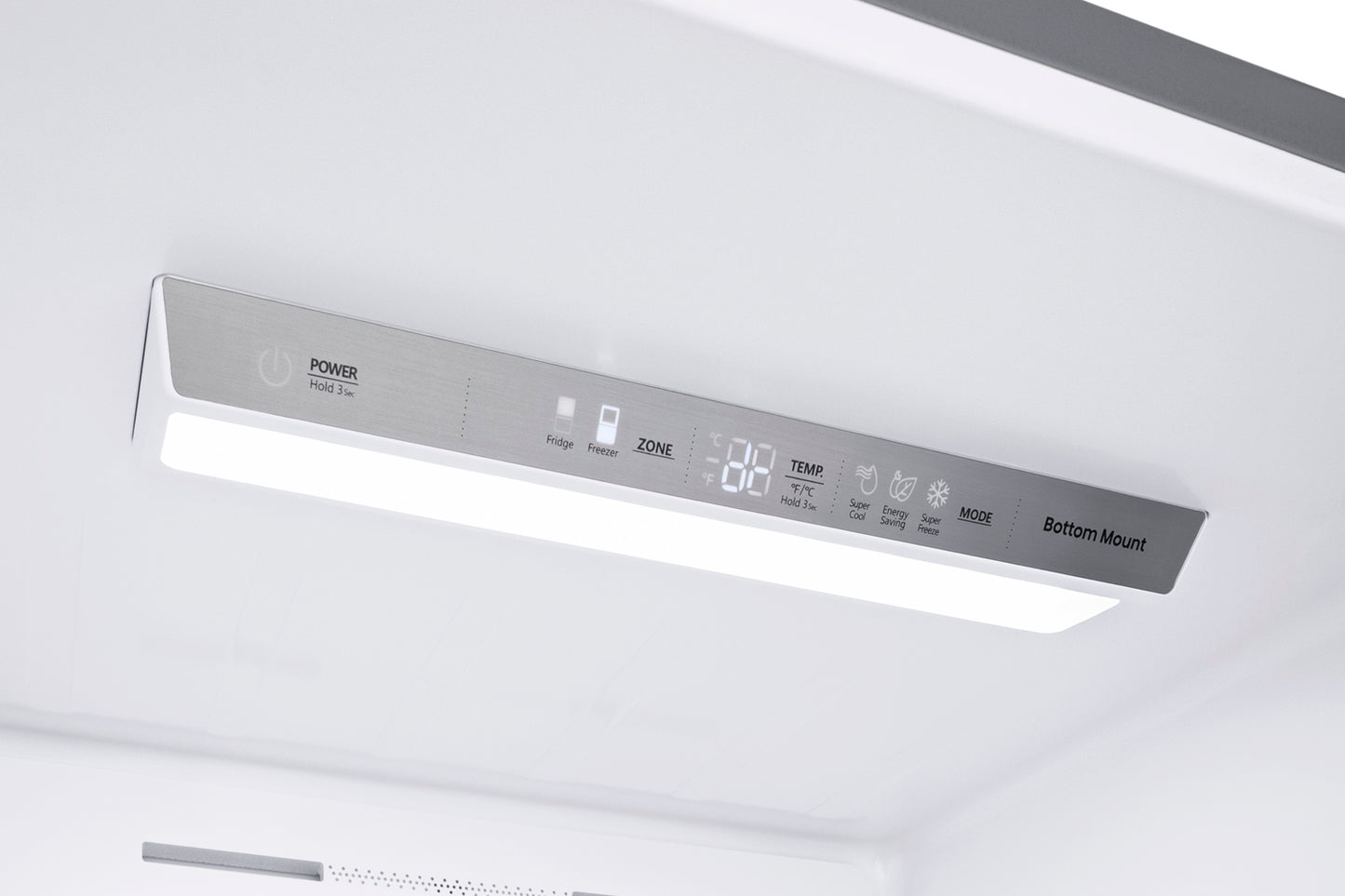 Control panel with digital temperature display and multiple function buttons inside bottom freezer refrigerator in appliances collection