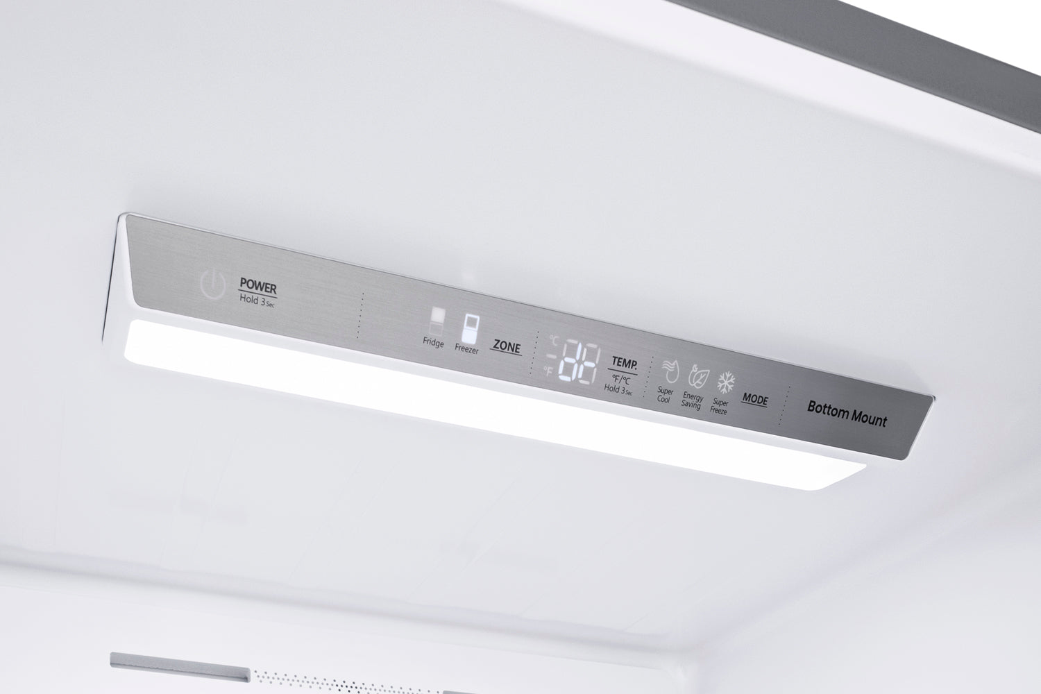 Control panel with digital temperature display and multiple function buttons inside bottom freezer refrigerator in appliances collection