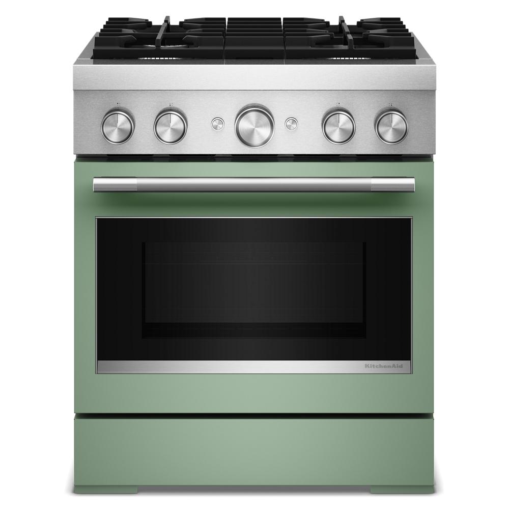30-inch KitchenAid dual fuel range with four burners, stainless steel accents, and green oven door from Ranges collection