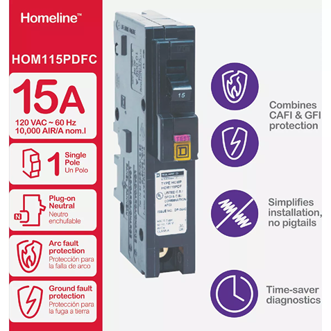 15 amp single-pole circuit breaker with plug-on neutral, arc and ground fault protection for home improvement use
