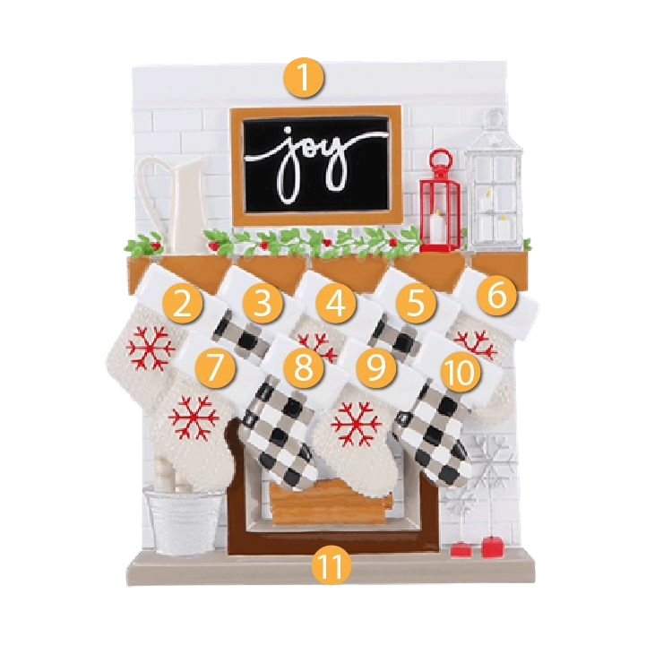 Cozy fireplace ornament with nine personalized stockings, buffalo plaid and snowflake patterns, festive Christmas décor under $50